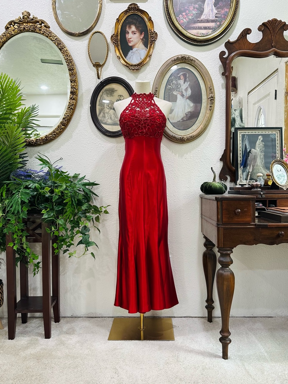 Alfred Angelo Red Lace Halter Satin Prom Gown